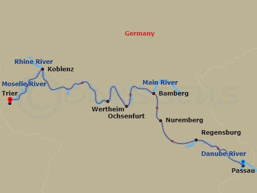 8 Night - German Riverscapes from Passau to Trier - MS Amadeus Cara - Starting in Passau, Regensburg, Nuremberg, Bamberg, Ochsenfurt, Wertheim, Koblenz, Trier itinerary map