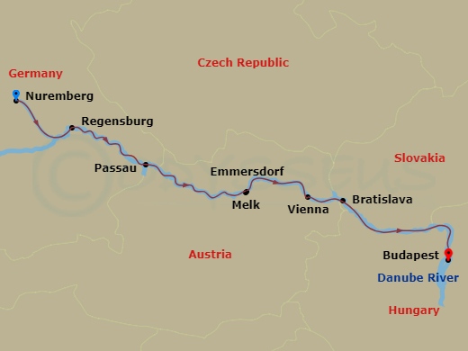 7 Night - Blue Danube - MS Amadeus Amara - Starting in Nuremberg, Regensburg, Passau, Melk / Emmersdorf, Vienna, Bratislava, Budapest itinerary map