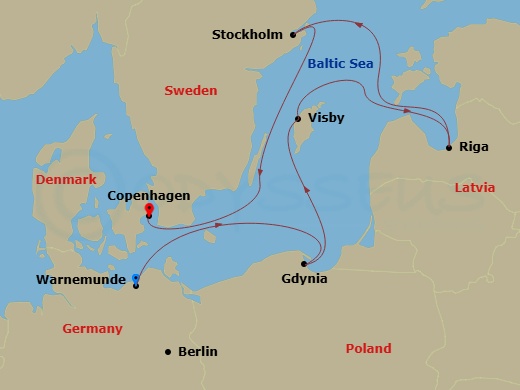 6 Night - Northern Europe - MSC Magnifica - Starting in Warnemunde, Germany, Gdynia (Gdansk), Poland, Visby, Sweden, Riga, Latvia, Stockholm, Sweden, Copenhagen, Denmark itinerary map