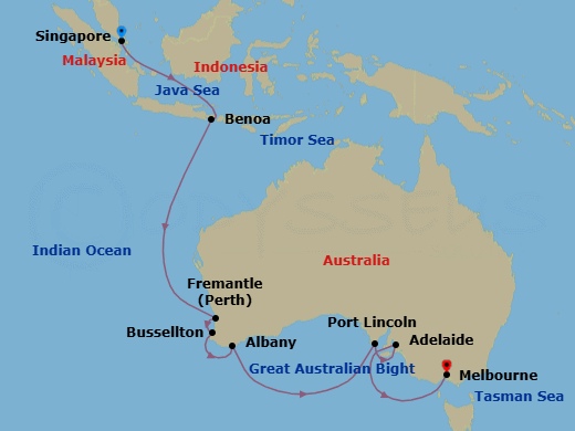 18 Night - Singapore to Melbourne - Silver Moon - Starting in Singapore, Benoa, Bali, Fremantle (Perth), Western Australia, Busselton, Albany AU, Australia, Port Lincoln, Adelaide, Melbourne itinerary map