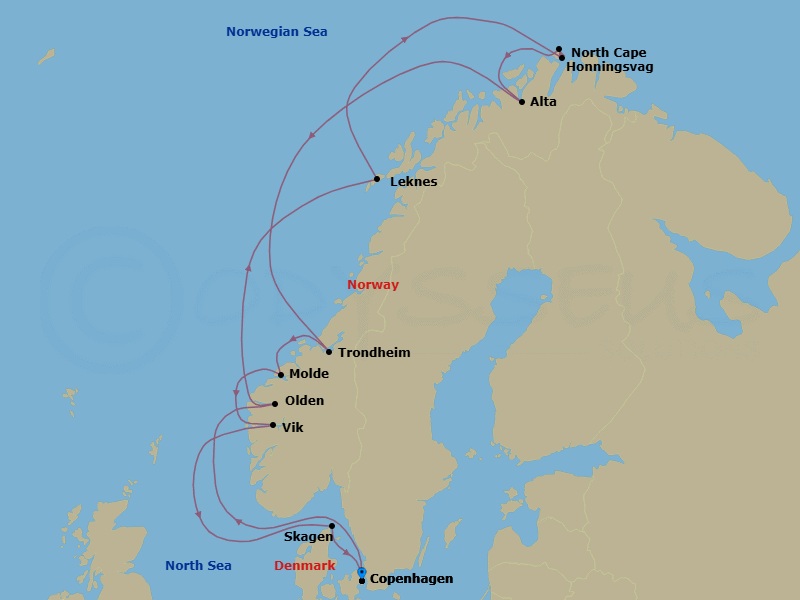 15 Night - Copenhagen to Copenhagen - Silver Spirit - Starting in Copenhagen, Olden, Leknes (Vestvagoy), Honningsvag (North Cape), Cruising Along North Cape, Alta, Trondheim (Trondelag), Molde (Romsdal), Vik, Skagen, Copenhagen itinerary map