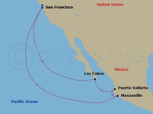 11 Night - Mexican Riviera - Ruby Princess - Starting in San Francisco, California, Manzanillo, Mexico, Puerto Vallarta, Mexico, Cabo San Lucas, Mexico, San Francisco, California itinerary map