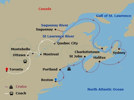 15 Night - Maple Explorer - Tour 2C - Caribbean Princess Tours - Starting in Boston, Massachusetts, Portland ME, Saint John NB (Bay of Fundy), Halifax, Canada, Sydney CA, Charlottetown, Canada, Saguenay, Canada, Quebec City, Canada, Montreal, Canada, Montebello, Canada, Ottawa, Canada, Toronto, Canada itinerary map
