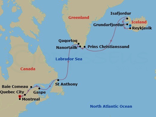 14 Night - Iceland & Canada Fall Foliage - Seabourn Quest - Starting in Reykjavik, Iceland, Grundarfjordur, Iceland, Isafjordur, Iceland, Cruising Prins Christian Sund, Nanortalik, Greenland, Qaqortoq, Greenland, St Anthony, Newfoundland, Canada, Gaspe, Quebec, Canada, Baie-Comeau, Quebec, Canada, Quebec City, Quebec, Canada, Montreal, Quebec, Canada itinerary map