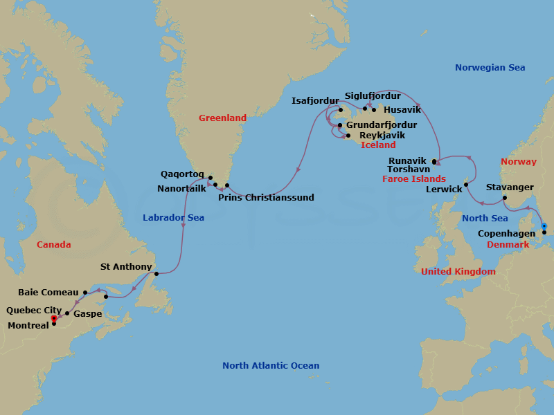 24 Night - Fjords, Folklore & Canada Fall Foliage - Seabourn Quest - Starting in Copenhagen, Denmark, Stavanger, Norway, Lerwick, Shetland Islands, United Kingdom, Torshavn, Faroe Islands, Runavik, Faroe Islands, Husavik, Iceland, Siglufjordur, Iceland, Grundarfjordur, Iceland, Reykjavik, Iceland, Grundarfjordur, Iceland, Isafjordur, Iceland, Cruising Prins Christian Sund, Nanortalik, Greenland, Qaqortoq, Greenland, St Anthony, Newfoundland, Canada, Gaspe, Quebec, Canada, Baie-Comeau, Quebec, Canada, Quebec City, Quebec, Canada, Montreal, Quebec, Canada itinerary map