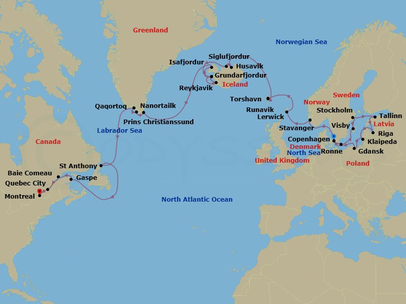 35 Night - Baltic Explorer, Iceland & Canada Fall Foliage - Seabourn Quest - Starting in Copenhagen, Denmark, Ronne (Bornholm), Denmark, Visby, Gotland, Sweden, Stockholm, Sweden, Tallinn, Estonia, Riga, Latvia, Klaipeda, Lithuania, Gdansk, Poland, Copenhagen, Denmark, Stavanger, Norway, Lerwick, Shetland Islands, United Kingdom, Torshavn, Faroe Islands, Runavik, Faroe Islands, Husavik, Iceland, Siglufjordur, Iceland, Grundarfjordur, Iceland, Reykjavik, Iceland, Grundarfjordur, Iceland, Isafjordur, Iceland, Cruising Prins Christian Sund, Nanortalik, Greenland, Qaqortoq, Greenland, St Anthony, Newfoundland, Canada, Gaspe, Quebec, Canada, Baie-Comeau, Quebec, Canada, Quebec City, Quebec, Canada, Montreal, Quebec, Canada itinerary map