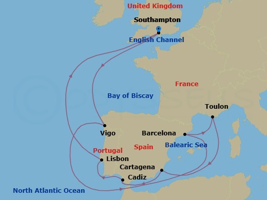 14 Night - Spain, France & Portugal with Total Solar Eclipse - Sky Princess - Starting in Southampton (for London), England, Vigo, Spain (for Santiago de Compostela), Barcelona, Spain, Toulon / Provence (La Seyne), France, Cartagena ES, Seville (Cadiz), Spain, Lisbon, Portugal, Southampton (for London), England itinerary map