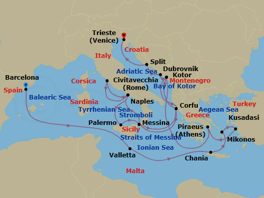 24 Night - Greek Isles, Malta & Croatia - Oosterdam - Starting in Barcelona, Spain, Valletta, Malta, Souda (Chania), Greece, Mykonos, Greece, Kusadasi (Ephesus), Turkey, Piraeus (Athens), Greece, Kotor, Montenegro, Scenic cruising Bay of Kotor, Kerkira, (Corfu), Greece, Messina, Italy, Cruising Strait of Messina, Evening cruising Stromboli Volcano, Naples (Pompeii / Amalfi), Italy, Civitavecchia (Rome), Italy, Naples (Pompeii / Amalfi), Italy, Palermo, Sicily, Italy, Messina, Italy, Cruising Strait of Messina, Kerkira, (Corfu), Greece, Scenic cruising Bay of Kotor, Kotor, Montenegro, Dubrovnik, Croatia, Split, Croatia, Trieste (Venice), Italy itinerary map