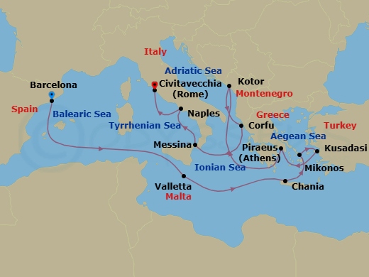 14 Night - Greek Isles, Malta & Naples - Oosterdam - Starting in Barcelona, Spain, Valletta, Malta, Souda (Chania), Greece, Mykonos, Greece, Kusadasi (Ephesus), Turkey, Piraeus (Athens), Greece, Kotor, Montenegro, Scenic cruising Bay of Kotor, Kerkira, (Corfu), Greece, Messina, Italy, Cruising Strait of Messina, Evening cruising Stromboli Volcano, Naples (Pompeii / Amalfi), Italy, Civitavecchia (Rome), Italy itinerary map
