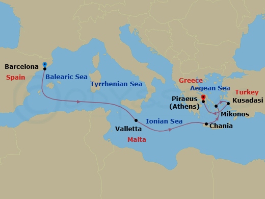 7 Night - Greek Isles : Malta & Mykonos - Oosterdam - Starting in Barcelona, Spain, Valletta, Malta, Souda (Chania), Greece, Mykonos, Greece, Kusadasi (Ephesus), Turkey, Piraeus (Athens), Greece itinerary map