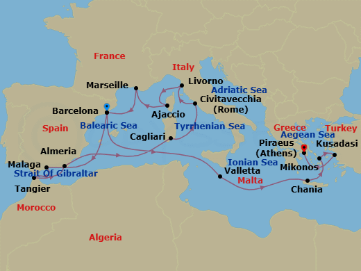 18 Night - Spain, Italy & Greek Isles - Oosterdam - Starting in Barcelona, Spain, Malaga, Spain, Cruising Strait of Gibraltar, Tangier, Morocco, Almeria, Spain, Cagliari, Sardinia, Italy, Civitavecchia (Rome), Italy, Livorno (Florence / Pisa), Italy, Ajaccio, Corsica, France, Marseille (Provence), France, Barcelona, Spain, Valletta, Malta, Souda (Chania), Greece, Mykonos, Greece, Kusadasi (Ephesus), Turkey, Piraeus (Athens), Greece itinerary map