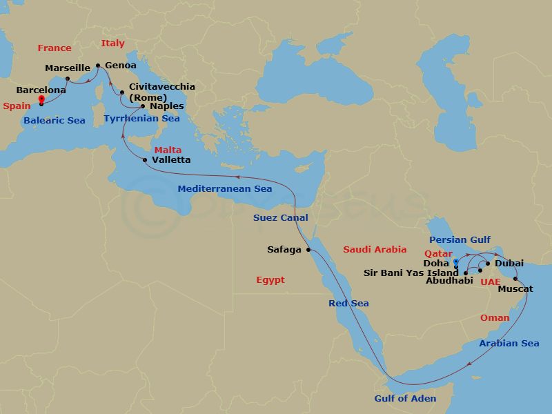 23 Night - MSC Grand Voyages - MSC World Europa - Starting in Doha, Qatar, Dubai, United Arab Emirates, Abu Dhabi, United Arab Emirates, Sir Baniyas Island, UAE, Muscat, Oman, Safaga, Egypt, Suez Canal (Transit), Egypt, La Valletta, Malta, Naples (Pompeii), Italy, Civitavecchia (Rome), Italy, Genoa (Portofino), Italy, Marseille (Provence), France, Barcelona, Spain itinerary map
