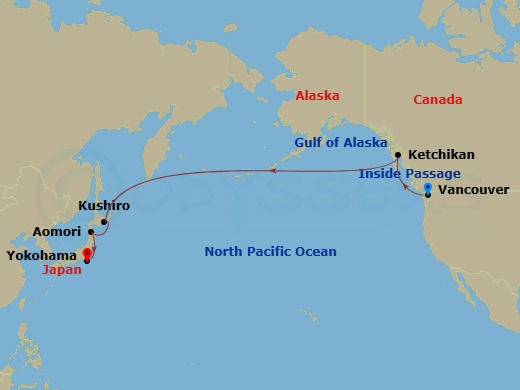 14 Night - North Pacific Crossing - Westerdam - Starting in Vancouver, BC, CA, Scenic Cruising the Inside Passage, Ketchikan, Alaska, Cross International Dateline, Kushiro, Japan, Aomori, Japan, Tokyo, Japan itinerary map