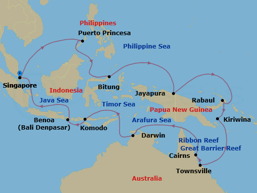 28 Night - Legendary Coral Triangle & Great Barrier Reef - Westerdam - Starting in Singapore, Puerto Princesa, Philippines, Bitung, Sulawesi, Indonesia, Jayapura, Indonesia, Rabaul, Papua New Guinea, Kiriwina Island, Papua New Guinea, Townsville, Australia, Cairns, Australia, At Sea (Great Barrier Reef), The Ribbon Reef Region, At Sea (Great Barrier Reef), The Far North Region, Scenic Cruising Torres Strait, Darwin, Australia, Scenic cruising Batu Tara Volcano, Slawi Bay, Komodo Island, Indonesia, Benoa (Denpasar), Bali, Indonesia, Scenic cruising Krakatau Volcano, Singapore itinerary map