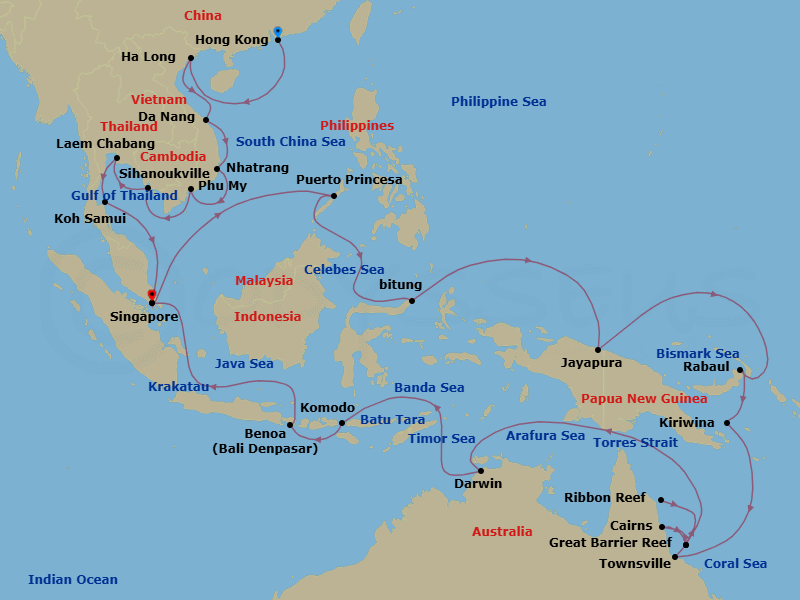42 Night - Far East Holiday, Coral Triangle & Great Barrier Reef - Westerdam - Starting in Hong Kong, China, Halong Bay, Vietnam, Da Nang (Hue), Vietnam, Nha Trang, Vietnam, Phu My, Vietnam, Sihanoukville, Cambodia, Laem Chabang (Bangkok), Thailand, Nathon (Koh Samui), Thailand, Singapore, Puerto Princesa, Philippines, Bitung, Sulawesi, Indonesia, Jayapura, Indonesia, Rabaul, Papua New Guinea, Kiriwina Island, Papua New Guinea, Townsville, Australia, Cairns, Australia, At Sea (Great Barrier Reef), The Ribbon Reef Region, At Sea (Great Barrier Reef), The Far North Region, Scenic Cruising Torres Strait, Darwin, Australia, Scenic cruising Batu Tara Volcano, Slawi Bay, Komodo Island, Indonesia, Benoa (Denpasar), Bali, Indonesia, Scenic cruising Krakatau Volcano, Singapore itinerary map