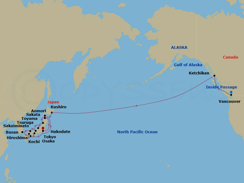 27 Night - North Pacific Crossing & Circle Japan Collector - Westerdam - Starting in Vancouver, BC, CA, Scenic Cruising the Inside Passage, Ketchikan, Alaska, Cross International Dateline, Kushiro, Japan, Aomori, Japan, Tokyo, Japan, Osaka, Japan, Kochi, Japan, Hiroshima, Japan, Scenic Cruising Kanmon Straits, Busan (Pusan), South Korea, Sakaiminato, Japan, Tsuruga, Japan, Toyama, Japan, Sakata, Japan, Aomori, Japan, Hakodate, Japan itinerary map