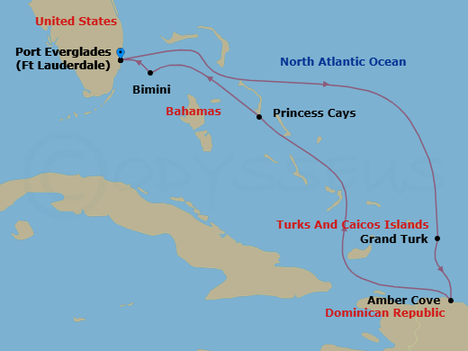 7 Night - Eastern Caribbean with Celebration Key - Star Princess - Starting in Fort Lauderdale, Florida, Grand Turk, Turks and Caicos, Amber Cove, Dominican Republic, Celebration Key, Bahamas, Bimini, Bahamas, Fort Lauderdale, Florida itinerary map