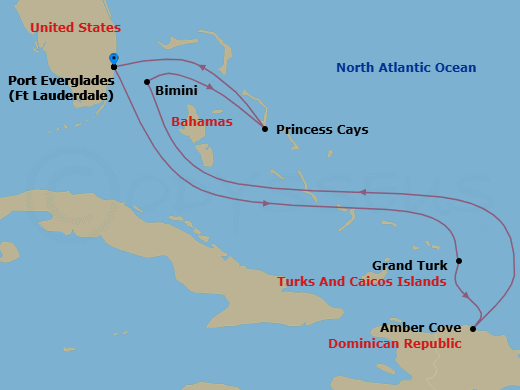 7 Night - Eastern Caribbean with Celebration Key - Star Princess - Starting in Fort Lauderdale, Florida, Grand Turk, Turks and Caicos, Amber Cove, Dominican Republic, Bimini, Bahamas, Celebration Key, Bahamas, Fort Lauderdale, Florida itinerary map