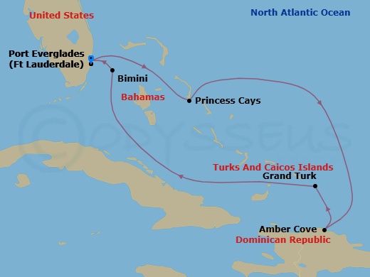 7 Night - Eastern Caribbean with Celebration Key - Star Princess - Starting in Fort Lauderdale, Florida, Celebration Key, Bahamas, Amber Cove, Dominican Republic, Grand Turk, Turks and Caicos, Bimini, Bahamas, Fort Lauderdale, Florida itinerary map