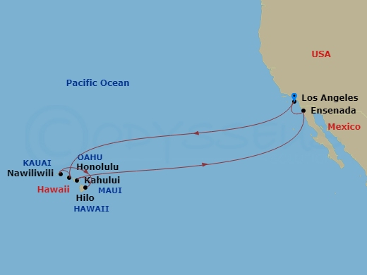 16 Night - Hawaiian Islands - Emerald Princess - Starting in Los Angeles, California, Honolulu, Hawaii, Kauai (Nawiliwili), Hawaii, Hilo, Hawaii, Kahului, Hawaii, Ensenada, Mexico, Los Angeles, California itinerary map
