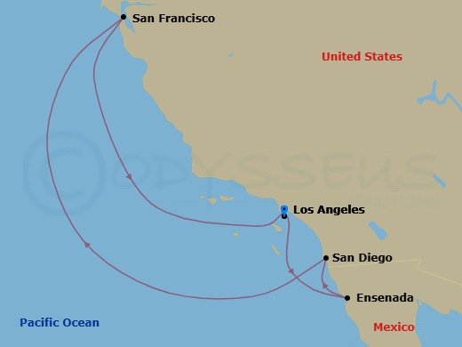 7 Night - Classic California Coast - Emerald Princess - Starting in Los Angeles, California, Ensenada, Mexico, San Diego, California, San Francisco, California, Los Angeles, California itinerary map