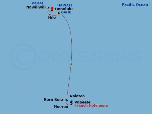 12 Night - South Pacific - Norwegian Spirit - Starting in Papeete, French Polynesia, Bora Bora, French Polynesia, Raiatea, French Polynesia, Moorea, French Polynesia, Hilo, Hi, Nawiliwili, Kauai, Hawaii, Honolulu, Hi itinerary map