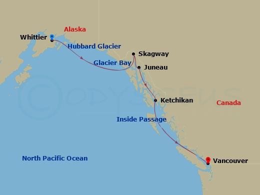 7 Night - Glacier Discovery Southbound - Westerdam - Starting in Whittier, Alaska, Cruising Hubbard Glacier, Glacier Bay, Skagway, Alaska, Juneau, Alaska, Ketchikan, Alaska, Scenic Cruising the Inside Passage, Vancouver, BC, CA itinerary map