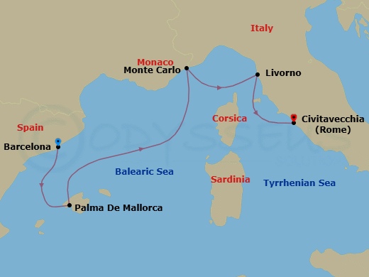 11 Night - Epicurean Spotlight On Wine - Seven Seas Mariner - Starting in Barcelona, Palma De Mallorca, Cruising the Mediterranean Sea, Monte Carlo, Cruising the Ligurian Sea, Tuscany (Livorno), Rome (Civitavecchia) itinerary map