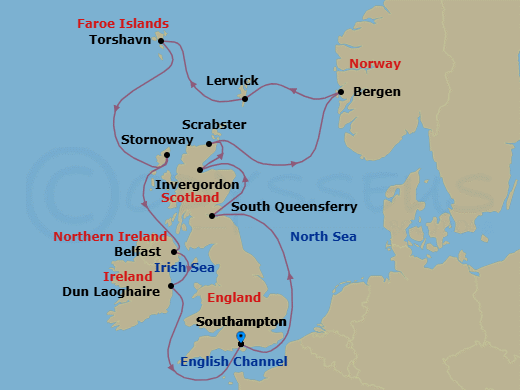 12 Night - British Isles Enchantment - Seven Seas Grandeur - Starting in London (Southampton), Cruising the North Sea, Edinburgh (South Queensferry), Invergordon, United Kingdom, Scrabster Harbour, Bergen, Lerwick (Shetland Islands), Torshavn, Faroe Islands, Stornoway (Hebrides), Belfast, Dun Laoghaire, Cruising the Celtic Sea, London (Southampton) itinerary map