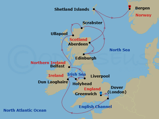 14 Night - British Isles Explorer - Viking Saturn - Starting in London (Greenwich), Dover UK, Scenic Sailing English Channel, Dublin (Dun Laoghaire), Holyhead, Liverpool, Belfast, The Highlands (Ullapool), Scrabster, Edinburgh (Newhaven Harbour), Aberdeen, Shetland Islands (Lerwick), Bergen itinerary map