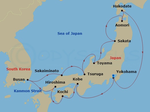 14 Night - Circle Japan - Westerdam - Starting in Yokohama (Tokyo), Japan, Kobe, Japan, Kochi, Japan, Hiroshima, Japan, Scenic Cruising Kanmon Straits, Busan (Pusan), South Korea, Sakaiminato, Japan, Tsuruga, Japan, Toyama, Japan, Sakata, Japan, Aomori, Japan, Hakodate, Japan, Yokohama (Tokyo), Japan itinerary map
