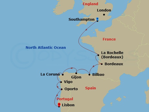10 Night - Adventures in Iberia - Oceania Sonata - Starting in London (Southampton), La Rochelle, France, Pauillac (Bordeaux), Bilbao, Gijon, Spain, La Coruna, Santiago De Compostela (Vigo), Oporto, Lisbon itinerary map
