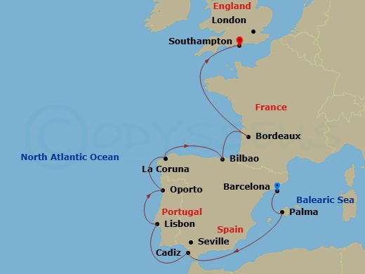 10 Night - Summer's End Sailaway - Oceania Sonata - Starting in Barcelona, Palma De Mallorca, Seville (Cadiz), Lisbon, Oporto, La Coruna, Bilbao, Pauillac (Bordeaux), London (Southampton) itinerary map