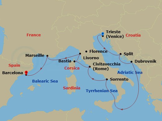 9 Night - Mediterranean Glory - Oceania Sonata - Starting in Trieste, Split, Dubrovnik, Croatia, Sorrento / Capri, Rome (Civitavecchia), Bastia (Corsica), Florence / Pisa / Tuscany (Livorno), Provence (Marseille), Barcelona itinerary map