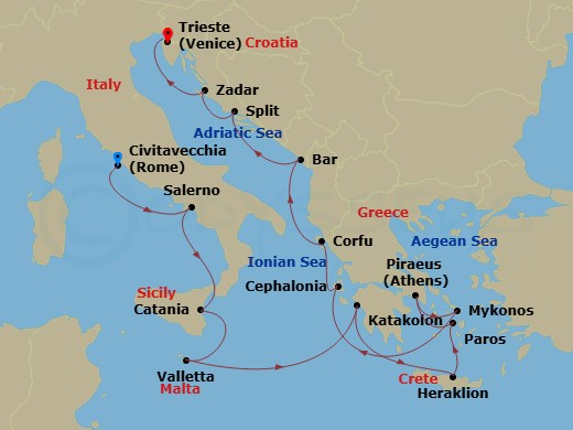 14 Night - Mediterranean Collage - Oceania Sonata - Starting in Rome (Civitavecchia), Salerno, Catania (Sicily), Valletta, Katakolon, Heraklion (Crete), Paros, Athens (Piraeus), Mykonos, Argostoli (Cephalonia), Corfu, Montenegro, Split, Zadar, Trieste itinerary map