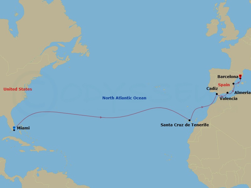 14 Night - Transatlantic Aspirations - Oceania Sonata - Starting in Miami, Santa Cruz de Tenerife, Seville (Cadiz), Almeria, Valencia, Barcelona itinerary map