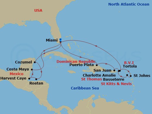 17 Night - Tropical Triumph - Oceania Sonata - Starting in Miami, Puerto Plata, Dominican Republic, San Juan, Charlotte Amalie, Basseterre, St Johns AG, Tortola, Miami, Cozumel, Mexico, Roatan, Harvest Caye, Costa Maya, Mexico, Miami itinerary map