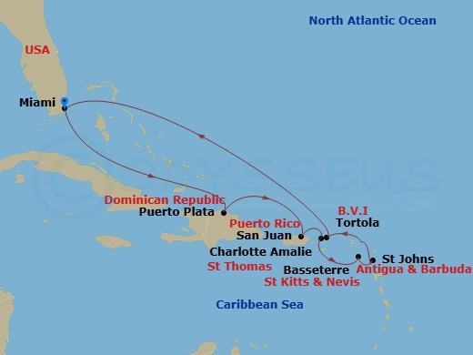 10 Night - Tropical Coves - Oceania Sonata - Starting in Miami, Puerto Plata, Dominican Republic, San Juan, Charlotte Amalie, Basseterre, St Johns, Tortola, Miami itinerary map