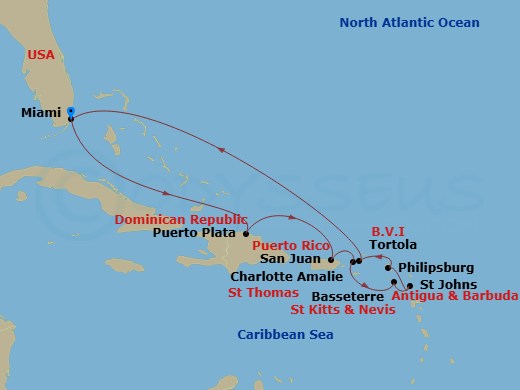 11 Night - Caribbean Island Tapestry - Oceania Sonata - Starting in Miami, Puerto Plata, Dominican Republic, San Juan, Charlotte Amalie, Basseterre, St Johns, Philipsburg, Tortola, Miami itinerary map