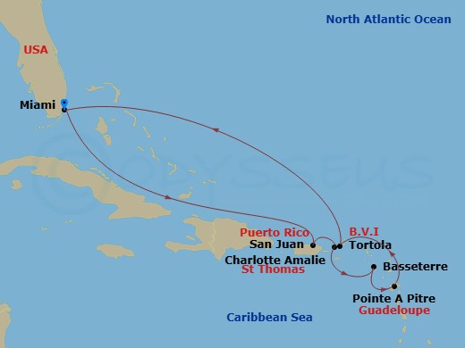 10 Night - Caribbean Splendor - Oceania Sonata - Starting in Miami, San Juan, Charlotte Amalie, Basseterre, Pointe-a-Pitre, Tortola, Miami itinerary map