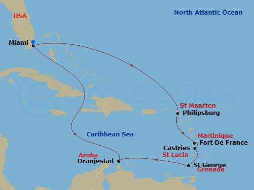 11 Night - Luxurious Island Life - Oceania Sonata - Starting in Miami, Philipsburg, Fort-de-France, Castries, St Georges, Oranjestad, Miami itinerary map