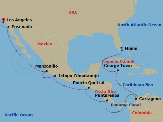 16 Night - Halcyon Holidays - Oceania Sonata - Starting in Miami, George Town, Cartagena CO, Panama Canal Daylight Transit, Puntarenas, Puerto Quetzal, Zihuatanejo (Ixtapa), Manzanillo, Ensenada, Los Angeles itinerary map