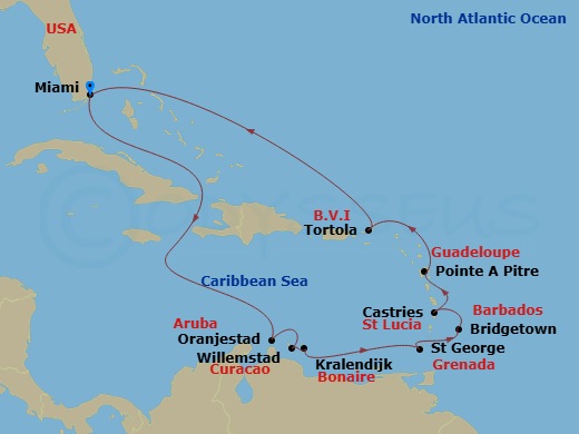 13 Night - Caribbean Calm - Oceania Sonata - Starting in Miami, Oranjestad, Willemstad AN, Kralendijk, St Georges, Bridgetown, Castries, Pointe-a-Pitre, Tortola, Miami itinerary map