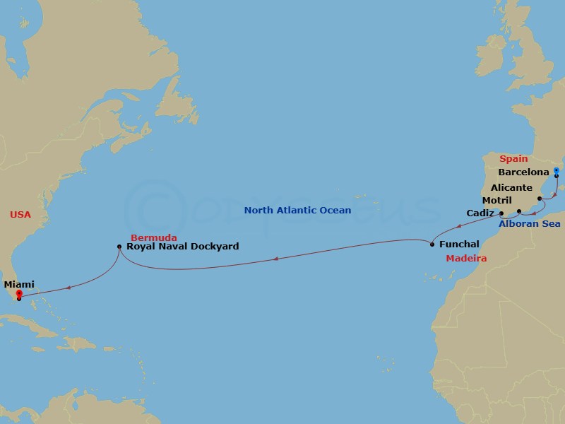 14 Night - Rose-Hued Palaces & Playas - Oceania Sonata - Starting in Barcelona, Alicante, Granada (Motril), Seville (Cadiz), Funchal (Madeira), Royal Naval Dockyard, Miami itinerary map