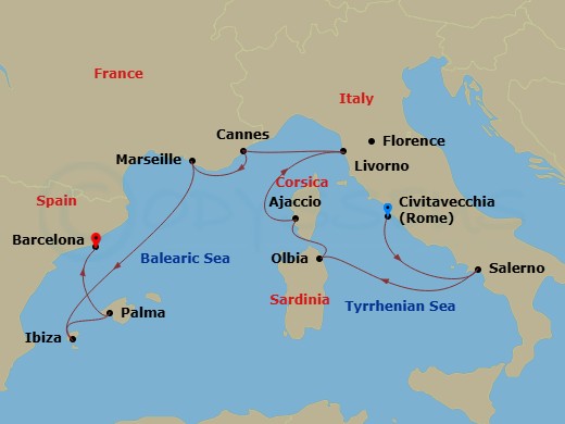 9 Night - Fountains to Flamenco - Oceania Sonata - Starting in Rome (Civitavecchia), Salerno, Olbia / Porto Cervo (Sardinia), Ajaccio (Corsica), Florence / Pisa / Tuscany (Livorno), Cannes, Provence (Marseille), Ibiza, Palma De Mallorca, Barcelona itinerary map