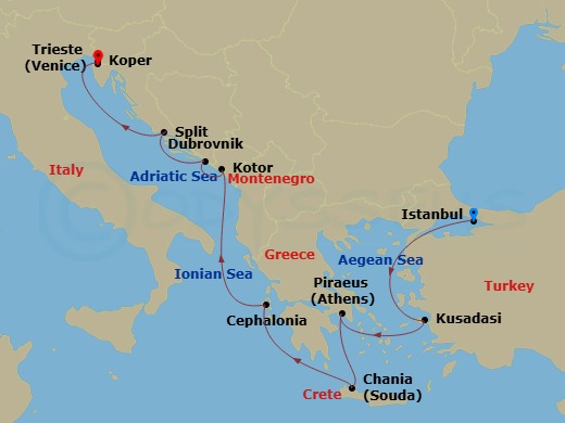 10 Night - Greeks & Byzantines - Oceania Sonata - Starting in Istanbul, Ephesus (Kusadasi), Athens (Piraeus), Chania (Crete), Argostoli (Cephalonia), Kotor, Dubrovnik, Croatia, Split, Koper, Trieste itinerary map