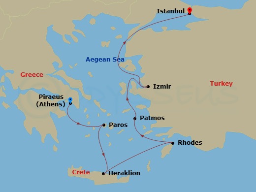 7 Night - Greeks & Byzantines - Oceania Sonata - Starting in Athens (Piraeus), Paros, Heraklion (Crete), Rhodes, Patmos, Izmir, Istanbul itinerary map