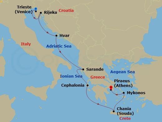 7 Night - Dalmatia to the Greek Isles - Oceania Sonata - Starting in Trieste, Rijeka, Hvar, Sarande, Argostoli (Cephalonia), Chania (Crete), Mykonos, Athens (Piraeus) itinerary map