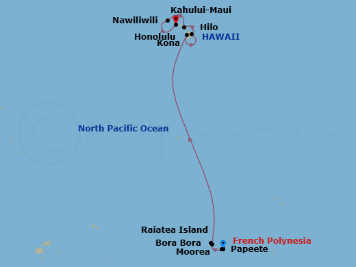 13 Night - South Pacific - Norwegian Spirit - Starting in Papeete, French Polynesia, Moorea, French Polynesia, Bora Bora, French Polynesia, Raiatea, French Polynesia, Kona, Hi, Hilo, Hi, Kahului, Maui, Hi, Nawiliwili, Kauai, Hawaii, Honolulu, Hi itinerary map