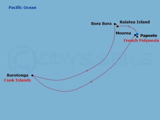 8 Night - South Pacific - Norwegian Spirit - Starting in Papeete, French Polynesia, Moorea, French Polynesia, Rarotonga, Cook Islands, Bora Bora, French Polynesia, Raiatea, French Polynesia, Papeete, French Polynesia itinerary map